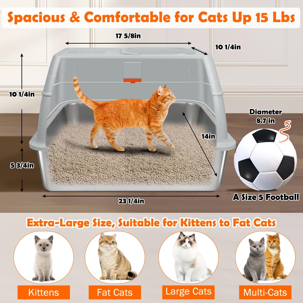 Szee Stainless Steel Litter Box, Xl Top Exit Enclosed Metal Cat Litter Box With Lid & Enclosure, Activated Charcoal Odor Control